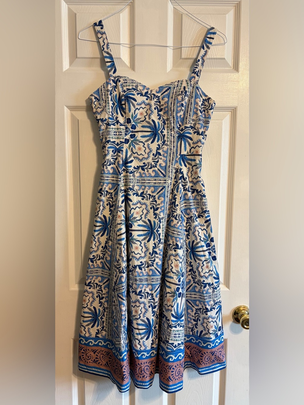 Avec Les Filles Palm Tile Sweetheart Midi Dress Blue White Size 6